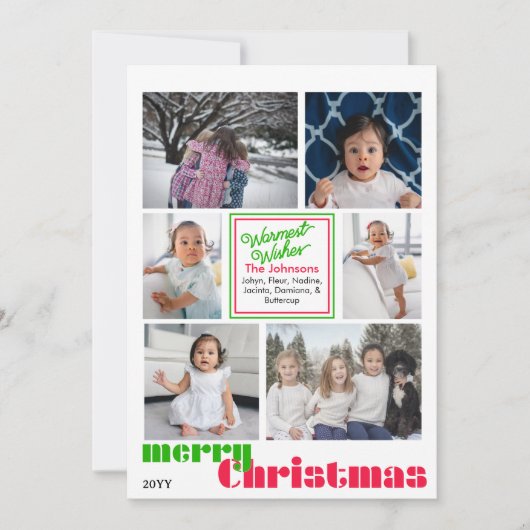 vrolijk kerstfeest modern 6 foto Rood en Groen Feestdagenkaart (Voorkant)