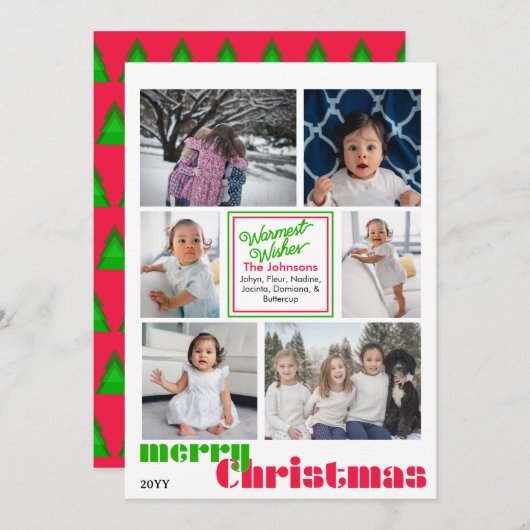 vrolijk kerstfeest modern 6 foto Rood en Groen Feestdagenkaart (Voorkant / Achterkant)