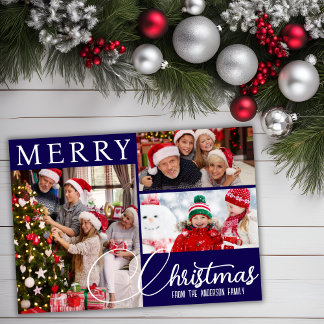 Vrolijk kerstfeest Modern blauw en wit drie foto's Feestdagenkaart