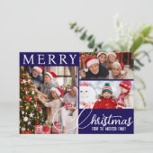 Vrolijk kerstfeest Modern blauw en wit drie foto's Feestdagenkaart (Staand voorkant)