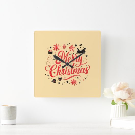 Vrolijk Kerstfeest Modern Design | Rood en wit Vierkante Klok (Huis)