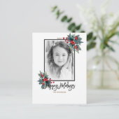 Vrolijk kerstfeest Modern Holly Berry & Stripes Fo Feestdagenkaart (Staand voorkant)