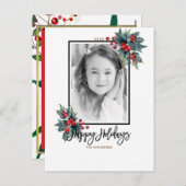 Vrolijk kerstfeest Modern Holly Berry & Stripes Fo Feestdagenkaart (Voorkant / Achterkant)