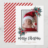 Vrolijk kerstfeest Modern Holly Berry & Stripes Fo Feestdagenkaart (Voorkant / Achterkant)