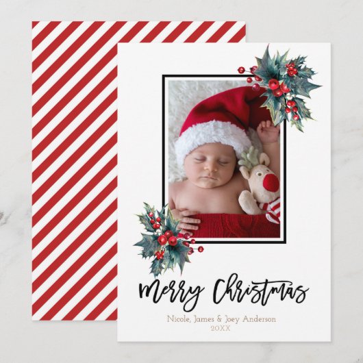 Vrolijk kerstfeest Modern Holly Berry & Stripes Fo Feestdagenkaart (Voorkant / Achterkant)