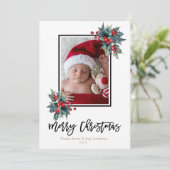 Vrolijk kerstfeest Modern Holly Berry & Stripes Fo Feestdagenkaart (Staand voorkant)