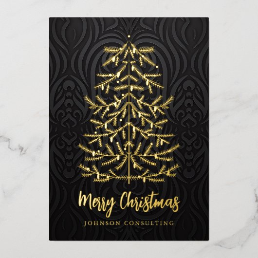 Vrolijk kerstfeest Modern kerstboom Damask Folie Feestdagenkaart (Voorkant)