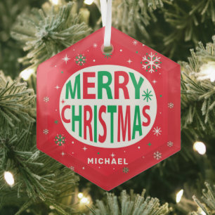 Vrolijk kerstfeest Modern Red Holiday, speciaal ge Glas Ornament