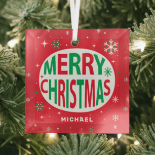 Vrolijk kerstfeest Modern Red Holiday, speciaal ge Glas Ornament