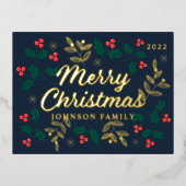 Vrolijk kerstfeest Modern Red Holly Berries Folie Feestdagen Briefkaart (Voorkant)