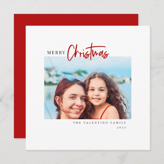 Vrolijk kerstfeest Modern Red Script Minimalist Fo Feestdagenkaart (Voorkant / Achterkant)