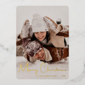 Vrolijk kerstfeest Modern Red Script Stripes Folie Feestdagenkaart (Voorkant)