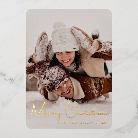 Vrolijk kerstfeest Modern Red Script Stripes Folie Feestdagenkaart (Voorkant)