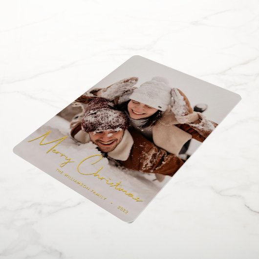 Vrolijk kerstfeest Modern Red Script Stripes Folie Feestdagenkaart (Gedraaid)