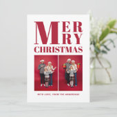 Vrolijk Kerstfeest Modern Rood Familie 2 Fotocolla Feestdagenkaart (Staand voorkant)