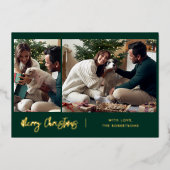 Vrolijk Kerstfeest Modern Script 2 Foto's Goud Folie Feestdagenkaart (Voorkant)