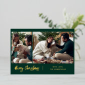 Vrolijk Kerstfeest Modern Script 2 Foto's Goud Folie Feestdagenkaart (Staand Voorkant)