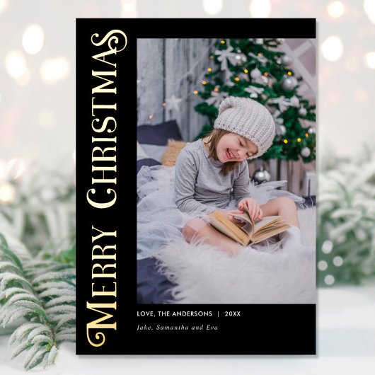 Vrolijk kerstfeest Modern script, foto Kerstmis Folie Feestdagenkaart