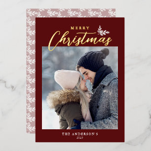 Vrolijk kerstfeest Modern script Foto Red Gold Folie Feestdagenkaart