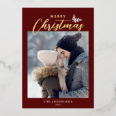 Vrolijk kerstfeest Modern script Foto Red Gold Folie Feestdagenkaart (Voorkant)