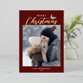 Vrolijk kerstfeest Modern script Foto Red Gold Folie Feestdagenkaart (Staand Voorkant)