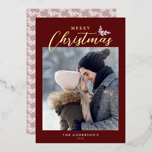 Vrolijk kerstfeest Modern script Foto Red Gold Folie Feestdagenkaart (Voorkant / Achterkant)