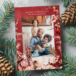 Vrolijk kerstfeest moderne bloemen en rendieren fo feestdagenkaart