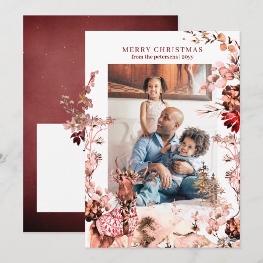 Vrolijk kerstfeest moderne bloemen en rendieren fo feestdagenkaart (Voorkant / Achterkant)