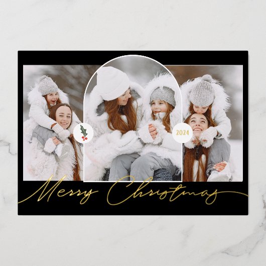 Vrolijk Kerstfeest moderne boog 3 foto's zwart scr Folie Feestdagenkaart (Voorkant)