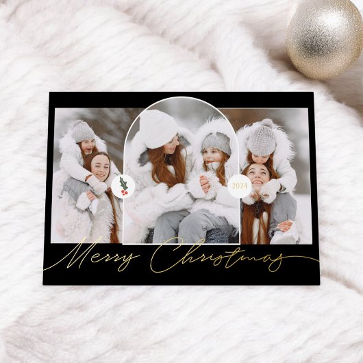 Vrolijk Kerstfeest moderne boog 3 foto's zwart scr Folie Feestdagenkaart