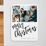 Vrolijk kerstfeest moderne familie foto collage magneet<br><div class="desc">Moderne stijlvolle Merry Christmas zwart-wit handgeschreven kalligrafie script 3 familie foto's eenvoudige witte vakantie keepsake feestelijke magneet met uw aangepaste gepersonaliseerde tekst.</div>