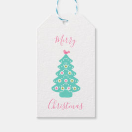 Vrolijk kerstfeest - Moderne kerstbomen Roze Blauw Cadeaulabel