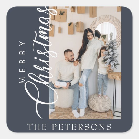 "Vrolijk Kerstfeest" Moderne Midnight Blue Foto Vierkante Sticker (Voorkant)
