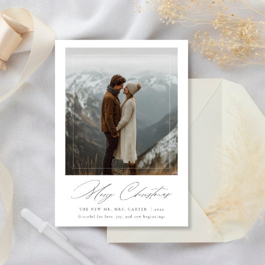 Vrolijk Kerstfeest Moderne Pas getrouwd Fotokaart Feestdagenkaart