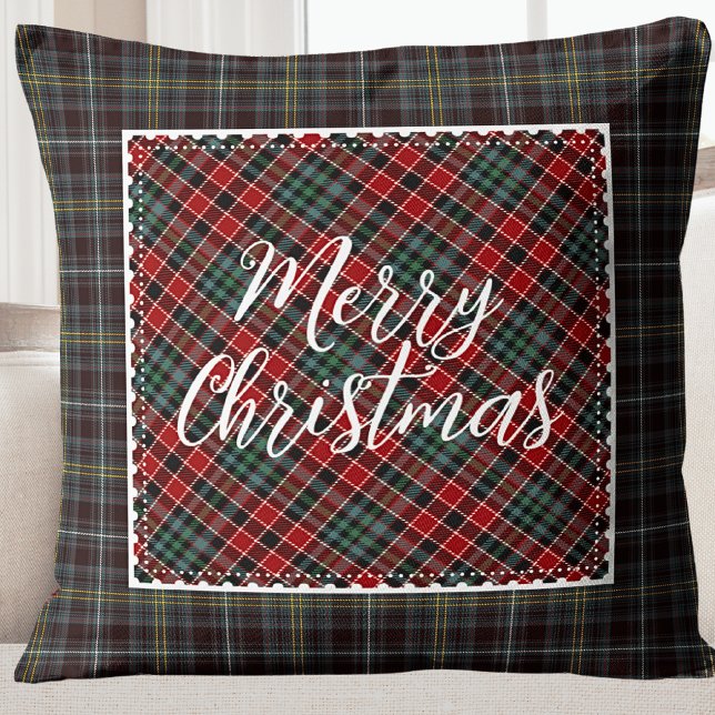 Vrolijk kerstfeest moderne rustieke boerderij kussen (Rustic Plaid Holiday Photo Kids Throw Pillow)