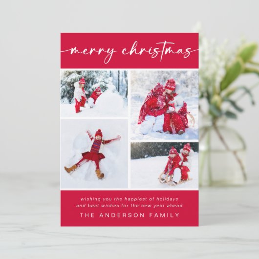 Vrolijk kerstfeest | Moderne vier foto Feestdagenkaart (Staand voorkant)