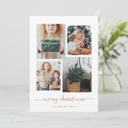 Vrolijk kerstfeest | Moderne vier fotocollage Feestdagenkaart (Staand voorkant)
