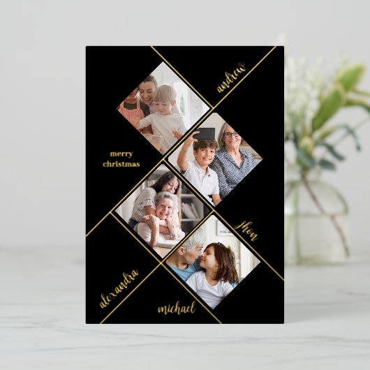 Vrolijk kerstfeest | Moderne vier fotocollage Folie Feestdagenkaart (Staand Voorkant)