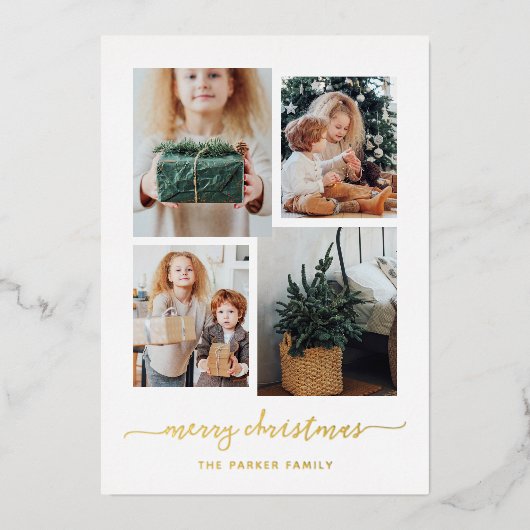 vrolijk kerstfeest | Moderne vier fotocollage goud Folie Feestdagenkaart (Voorkant)