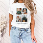 Vrolijk kerstfeest | Moderne vier fotocollage T-shirt<br><div class="desc">Dit eenvoudige,  maar ultramoderne shirt heeft vier van uw favoriete persoonlijke foto's in een uniek gelaagd fotorooster. Het groene bosontwerp zegt "vrolijk kerstfeest" in elegante,  trendy handgeschreven scripttypografie,  en heeft een plek voor jouw naam in een coördinerend schreefloos lettertype.</div>