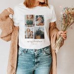 Vrolijk kerstfeest | Moderne vier fotocollage T-shirt<br><div class="desc">Dit eenvoudige,  maar ultramoderne shirt heeft vier van uw favoriete persoonlijke foto's in een uniek gelaagd fotorooster. Het boho terracotta ontwerp zegt "vrolijk kerstfeest" in elegante,  trendy handgeschreven scripttypografie,  en heeft een plek voor jouw naam in een coördinerend schreefloos lettertype.</div>