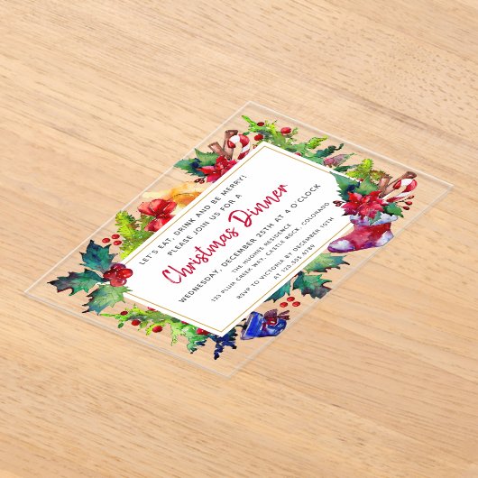 Vrolijk kerstfeest Moderne Waterverf kerstdiner Acryl Uitnodigingen (Laagn)