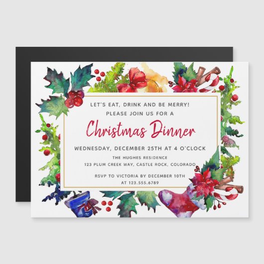 Vrolijk kerstfeest Moderne Waterverf kerstdiner Magnetische Uitnodiging (Voorkant / Achterkant)