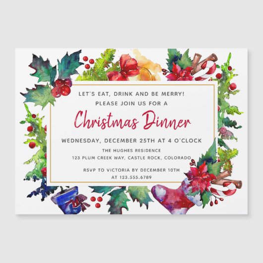 Vrolijk kerstfeest Moderne Waterverf kerstdiner Magnetische Uitnodiging (Voorkant)