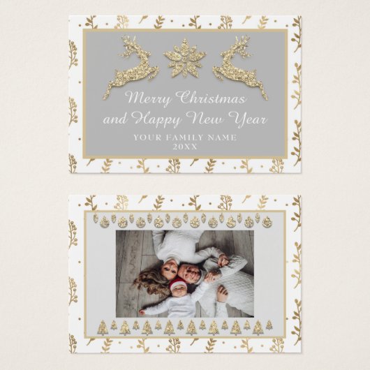 Vrolijk kerstfeest, mooi nieuwjaar naam grijs goud visitekaartje (Voorkant /achterkant)