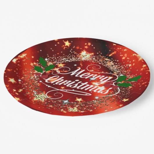 Vrolijk kerstfeest, mousserend rood en goud, papieren bordje (Gekanteld)