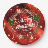 Vrolijk kerstfeest, mousserend rood en goud, papieren bordje (Voorkant)