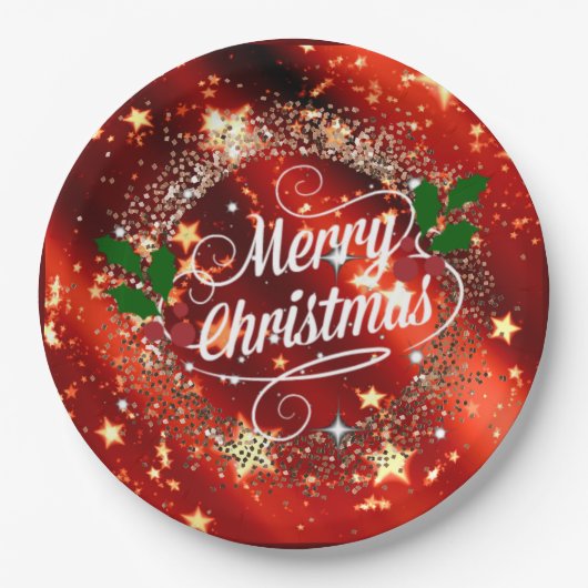Vrolijk kerstfeest, mousserend rood en goud, papieren bordje (Voorkant)