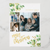 Vrolijk Kerstfeest multi foto botanische bladeren Folie Feestdagenkaart (Voorkant)
