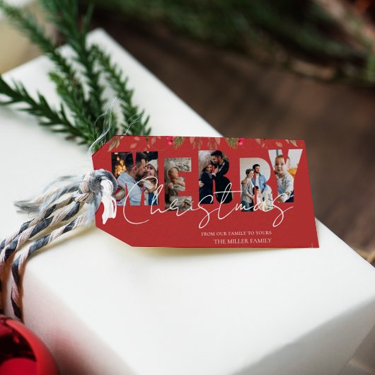 Vrolijk kerstfeest Multi-Photo Red Gold-feestdag Cadeaulabel
